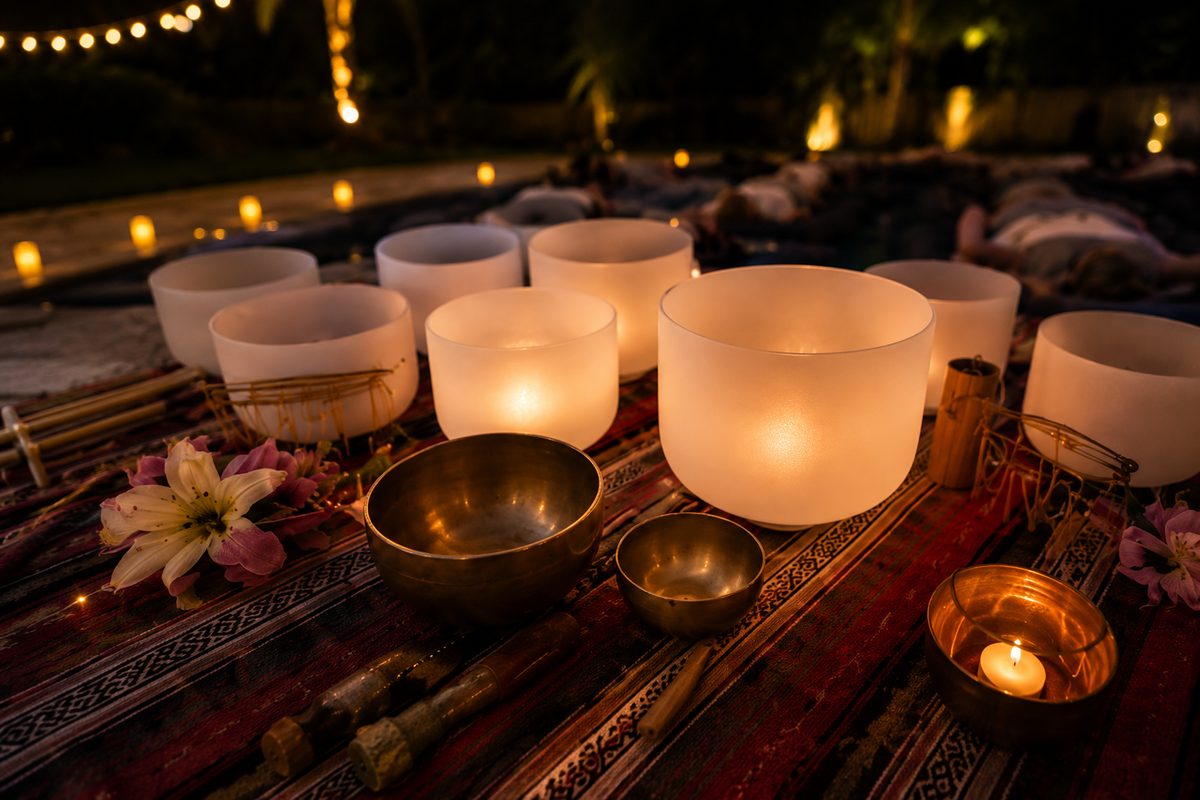 Círculo de sanación en espacio de madera con velas